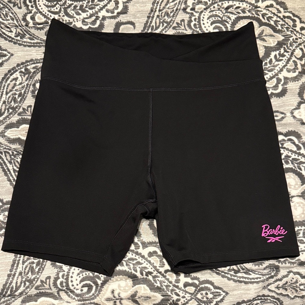 Reebok Women's Black Bike Shorts with Pink Logo